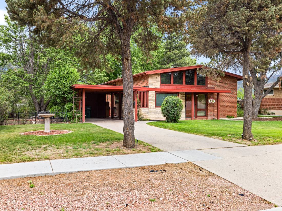Mid-century home framed by mature pines